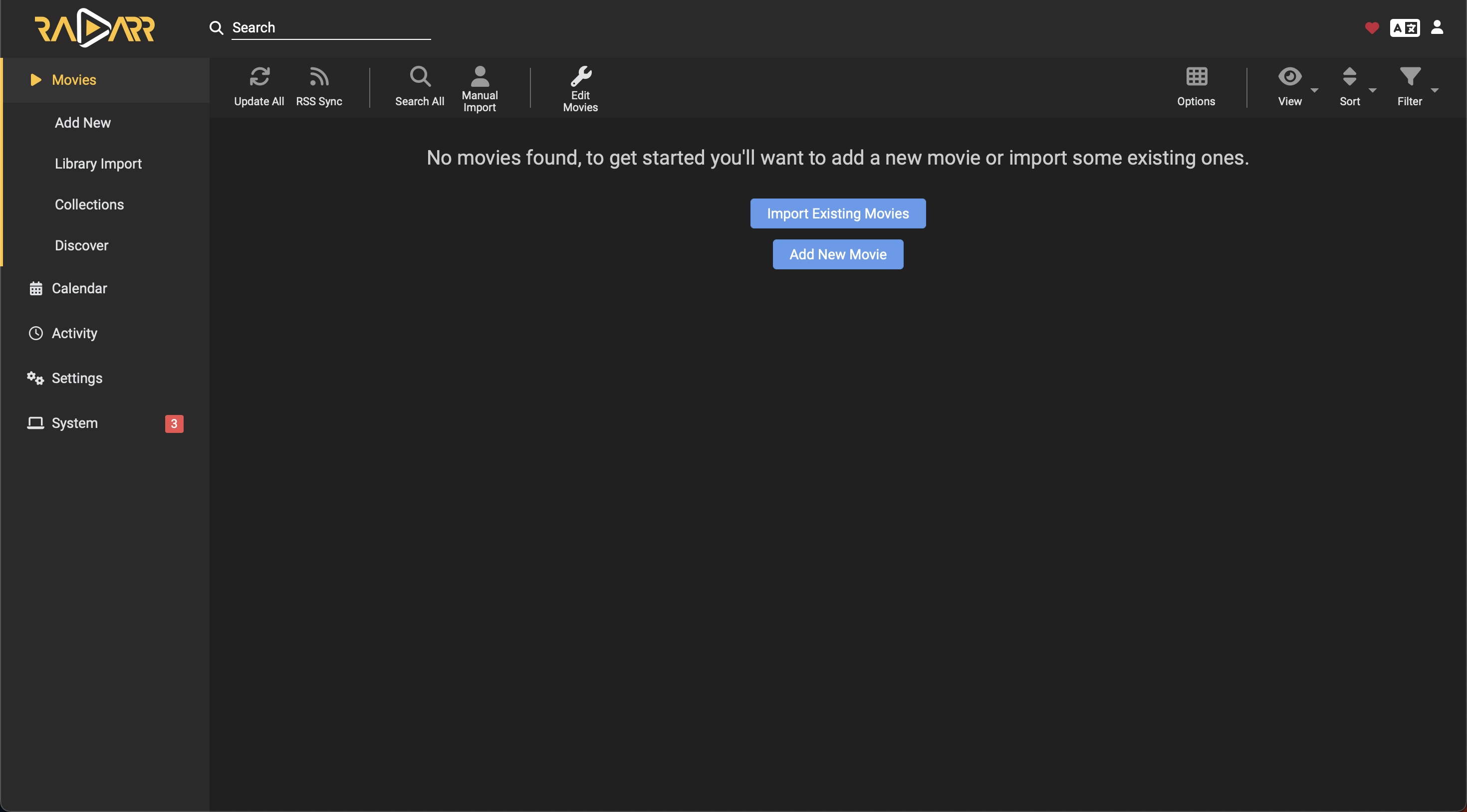 Radarr web interface init